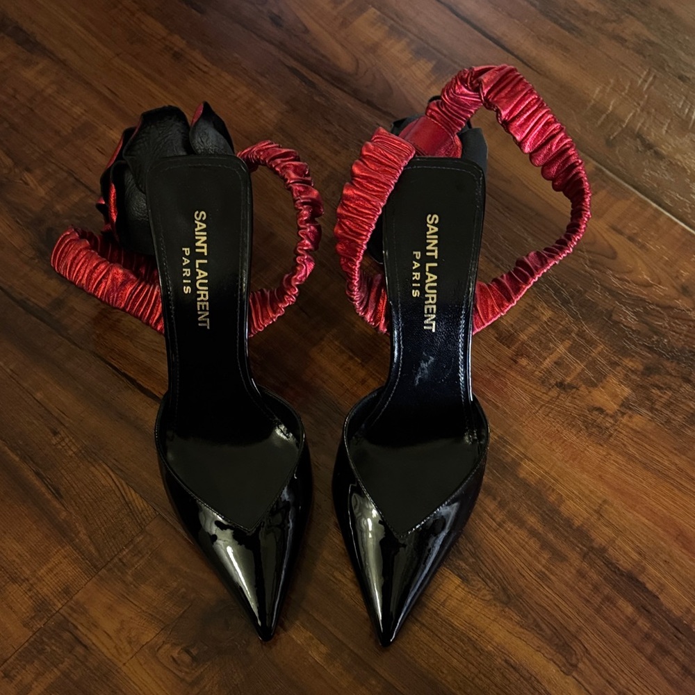 Saint Laurent Black Patent Heels with Red Accents